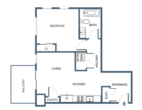 Floor plan for 1 bed, 1 bath, 662 sqft